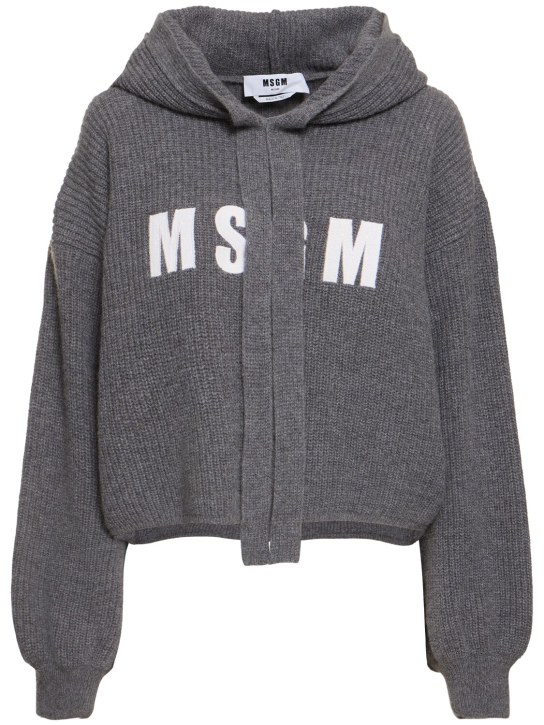 MSGM: Wool blend knit logo hoodie - Koyu Gri - women_0 | Luisa Via Roma