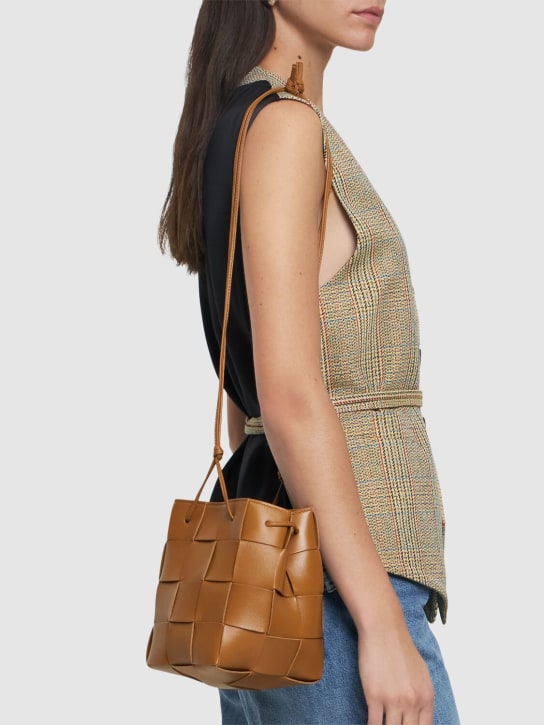 Bottega Veneta: Small intreccio leather bucket bag - Camel - women_1 | Luisa Via Roma