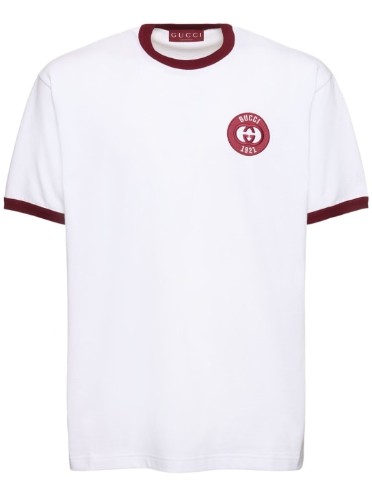 Gucci: T-shirt Gucci in jersey di cotone con patch - Bianco/Bordeaux - men_0 | Luisa Via Roma