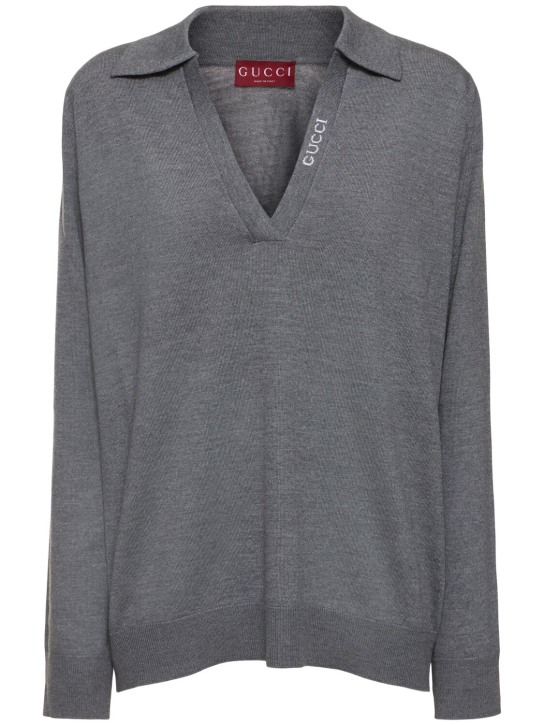 Gucci: 羊毛针织POLO衫 - 灰色 - women_0 | Luisa Via Roma