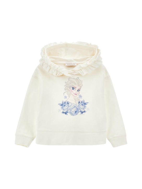 Monnalisa: Elsa print cotton hooded sweatshirt - Beyaz - kids-girls_0 | Luisa Via Roma