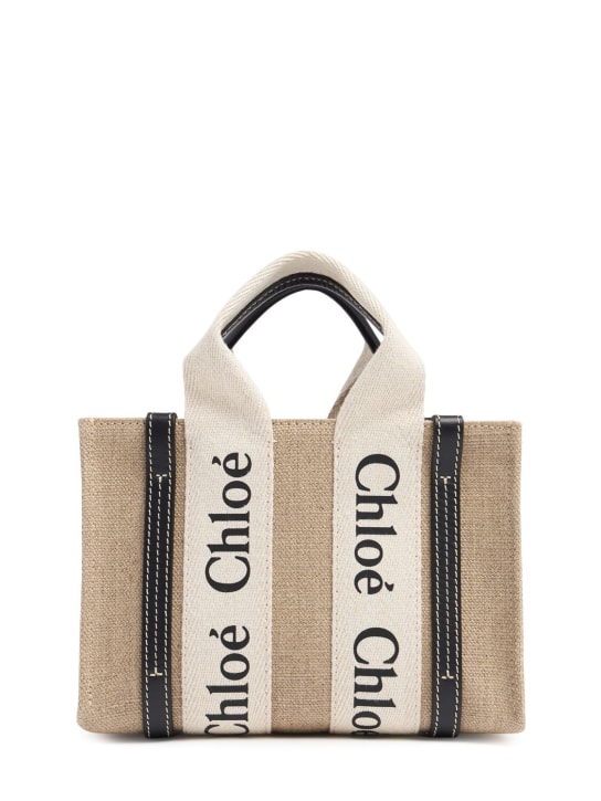 Chloé: Mini Woody linen top handle bag - Beige/Blue - women_0 | Luisa Via Roma