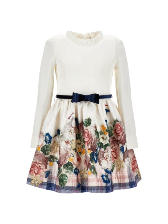 Monnalisa: Printed cotton jersey dress w/bow - White/Multi - kids-girls_0 | Luisa Via Roma