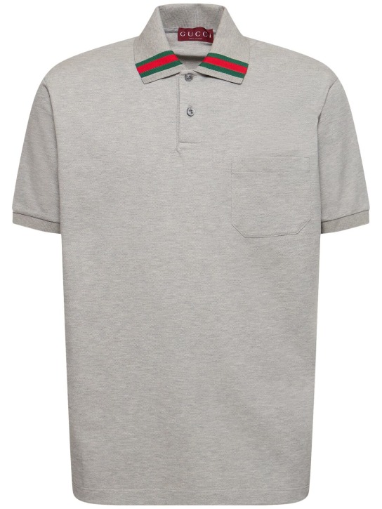 Gucci: Camiseta polo de algodón piqué stretch - Gris Melange - men_0 | Luisa Via Roma