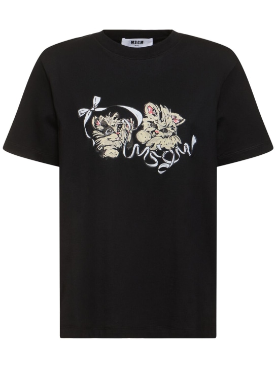 MSGM: Kitten印花棉质平纹针织T恤 - 黑色 - women_0 | Luisa Via Roma