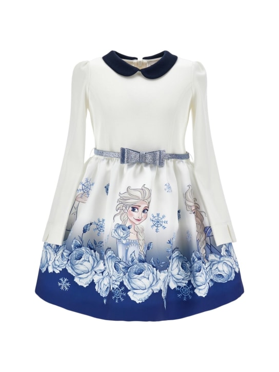 Monnalisa: Elsa print poly dress w/bow appliqué - Beyaz/Mavi - kids-girls_0 | Luisa Via Roma