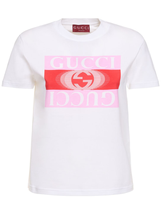Gucci: T-shirt en jersey de coton New 70s - Blanc Cassé/Multicouleur - women_0 | Luisa Via Roma