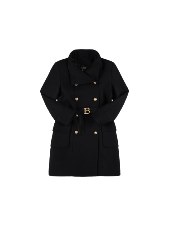 Balmain: Double breast wool blend coat w/ belt - Black/Gold - kids-girls_0 | Luisa Via Roma