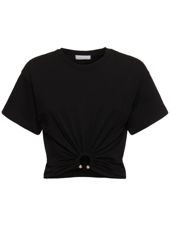 Rabanne: T-shirt court en coton à logo détail anneau - Noir - women_0 | Luisa Via Roma