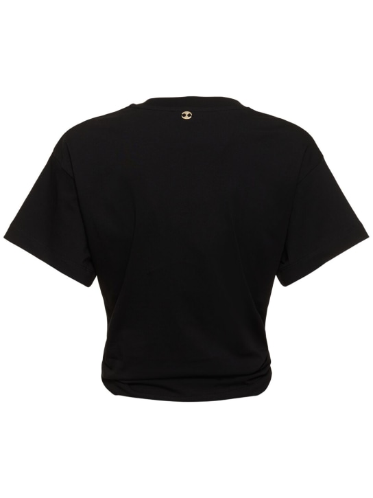 Rabanne: Logo cotton crop t-shirt w/ ring - Black - women_4 | Luisa Via Roma