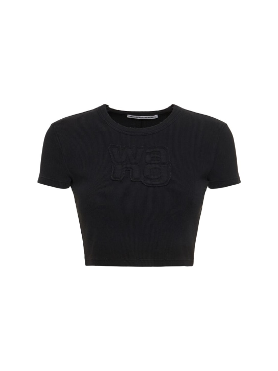 Alexander Wang: Camiseta corta de algodón acanalado - Negro - women_0 | Luisa Via Roma