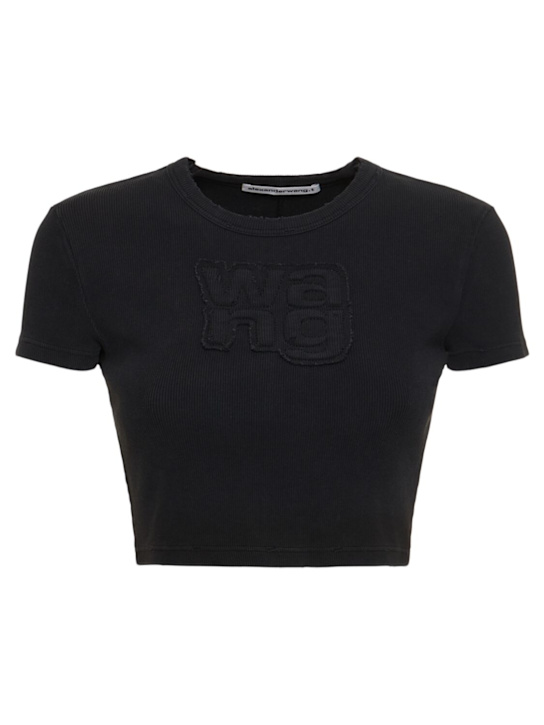 Alexander Wang: Distressed ribbed cotton crop t-shirt - women_0 | Luisa Via Roma
