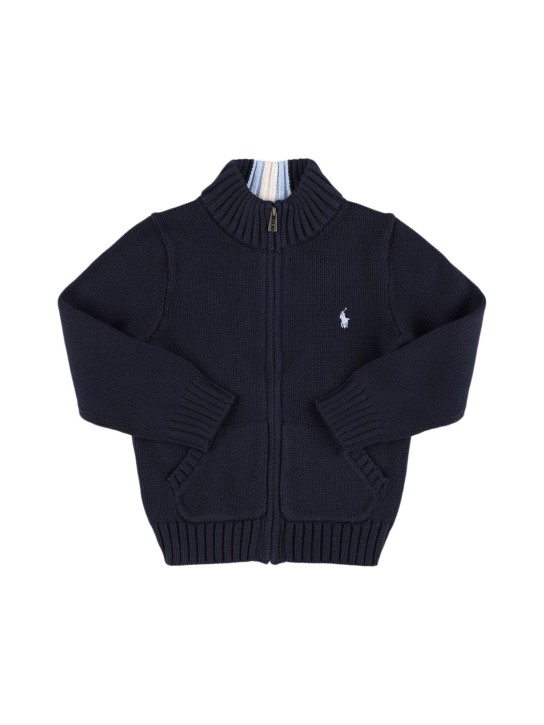Polo Ralph Lauren: Cárdigan de punto de lana con logo bordado - Azul Marino - kids-boys_0 | Luisa Via Roma