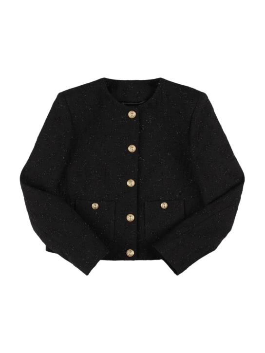 Balmain: Cotton blend tweed jacket - Black/Gold - kids-girls_0 | Luisa Via Roma