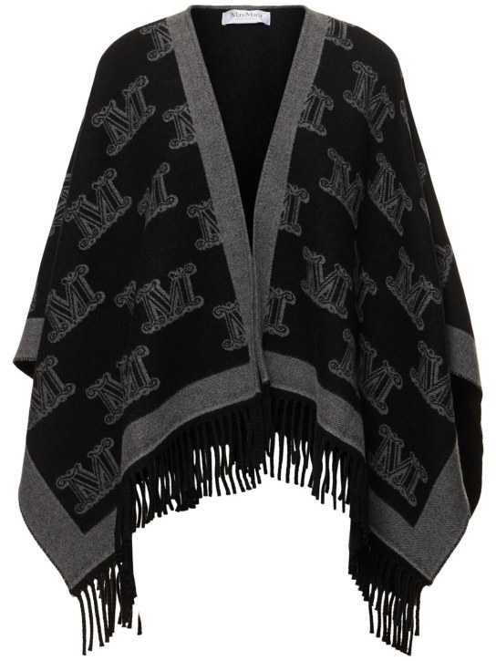 Max Mara: Frine logo jacquard wool cape - Siyah - women_0 | Luisa Via Roma