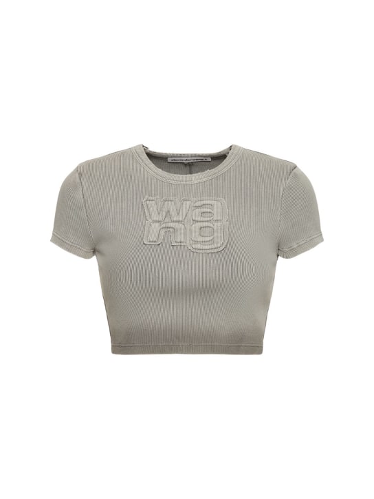 Alexander Wang: T-shirt cropped in cotone a costine distressed - Grigio - women_0 | Luisa Via Roma