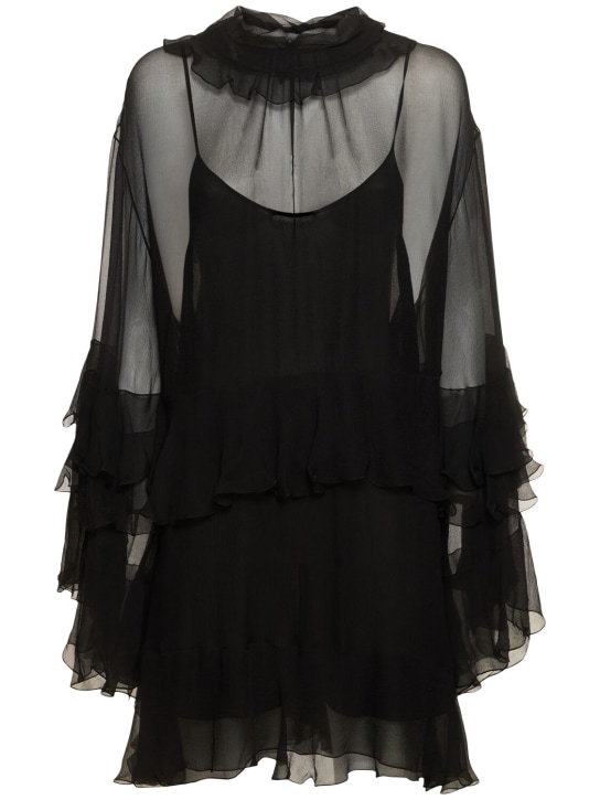 Chloé: Ruffled sheer mini dress - Black - women_0 | Luisa Via Roma