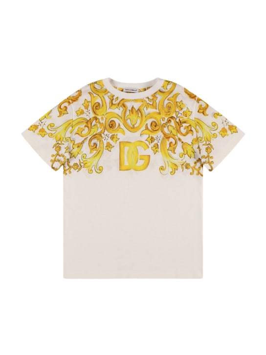 Dolce&Gabbana: Maiolica印花棉质平纹针织T恤 - 黄色/白色 - kids-girls_0 | Luisa Via Roma