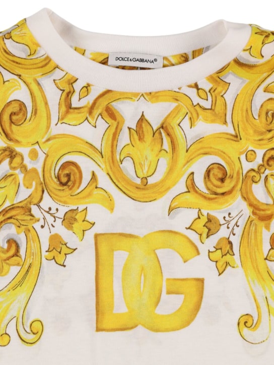 Dolce&Gabbana: Maiolica 프린트 코튼 저지 티셔츠 - 옐로우/화이트 - kids-girls_1 | Luisa Via Roma