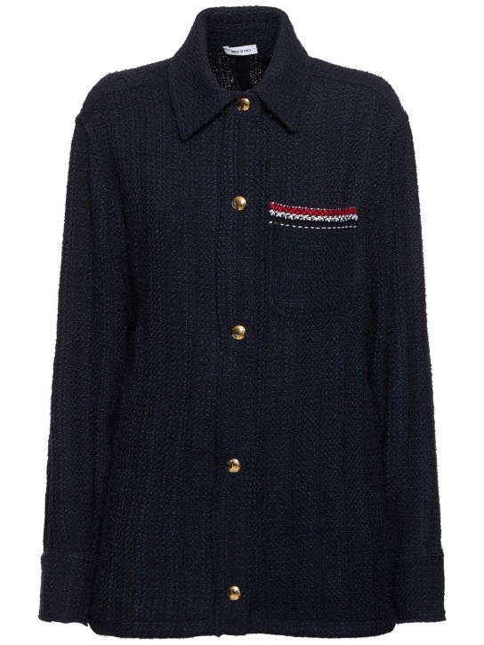 Thom Browne: Solid tweed shirt jacket w/ pocket - Lacivert - women_0 | Luisa Via Roma