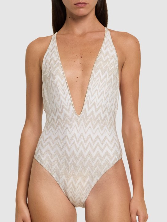 Missoni: Chevron lurex zigzag one piece swimsuit - White/Gold - women_1 | Luisa Via Roma
