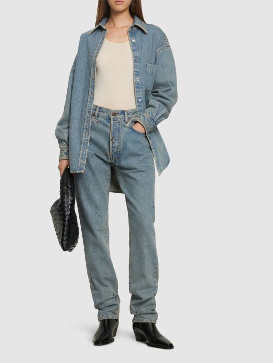 Moschino: High rise denim straight jeans - Blue - women_1 | Luisa Via Roma