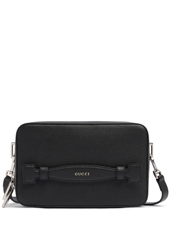 Gucci: Gucci script leather crossbody bag - Siyah - men_0 | Luisa Via Roma