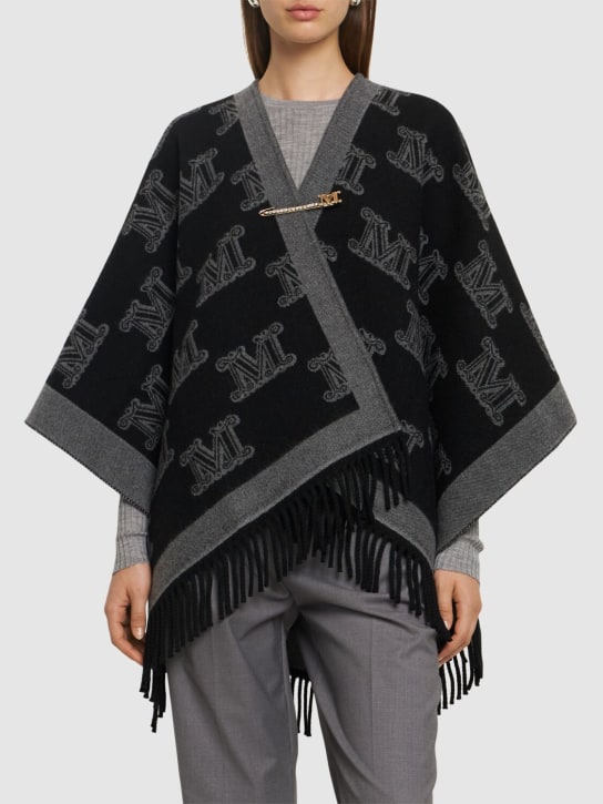 Max Mara: Frine logo jacquard wool cape - Siyah - women_1 | Luisa Via Roma
