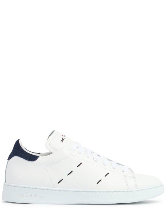 Kiton: Leather low top sneakers - White/Ink Blue - men_0 | Luisa Via Roma
