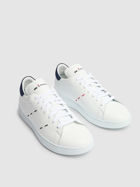 Kiton: Leather low top sneakers - White/Ink Blue - men_1 | Luisa Via Roma
