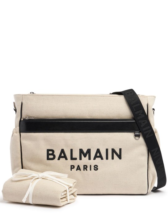 Balmain: Cotton canvas changing bag w/ logo - White/Black - kids-girls_0 | Luisa Via Roma
