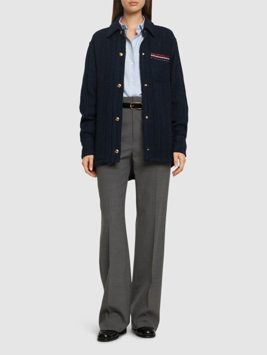 Thom Browne: Solid tweed shirt jacket w/ pocket - Navy - women_1 | Luisa Via Roma