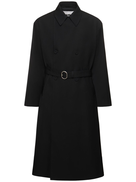 Jil Sander: Trench-coat oversize en gabardine de laine - Noir - men_0 | Luisa Via Roma