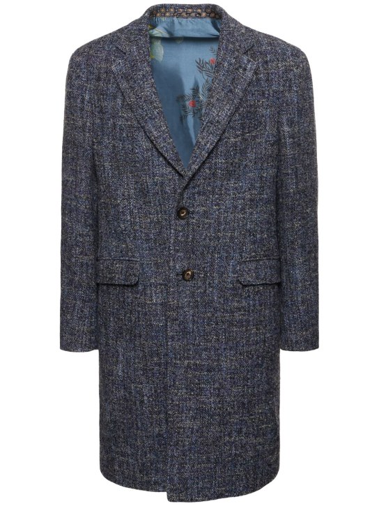 Etro: 羊毛混纺单排扣大衣 - 蓝色 - men_0 | Luisa Via Roma