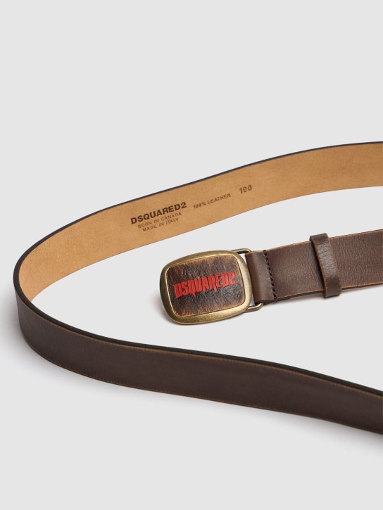 Dsquared2: 35mm Logo plaque leather belt - Brown - men_1 | Luisa Via Roma