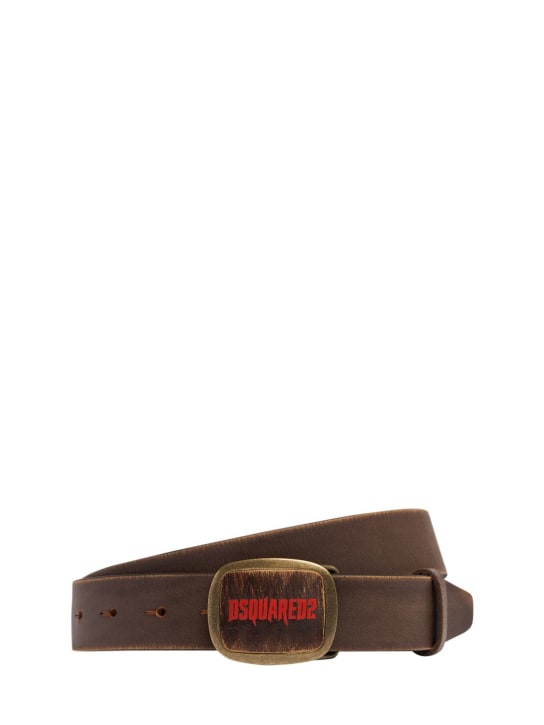 Dsquared2: 35mm Logo plaque leather belt - Brown - men_0 | Luisa Via Roma