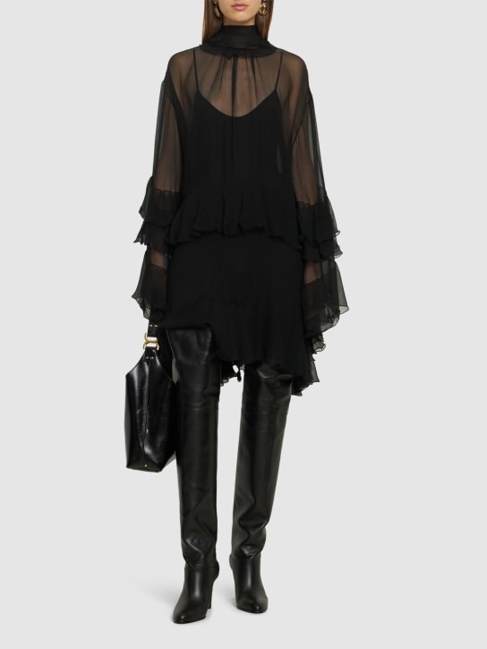Chloé: Ruffled sheer mini dress - Black - women_1 | Luisa Via Roma