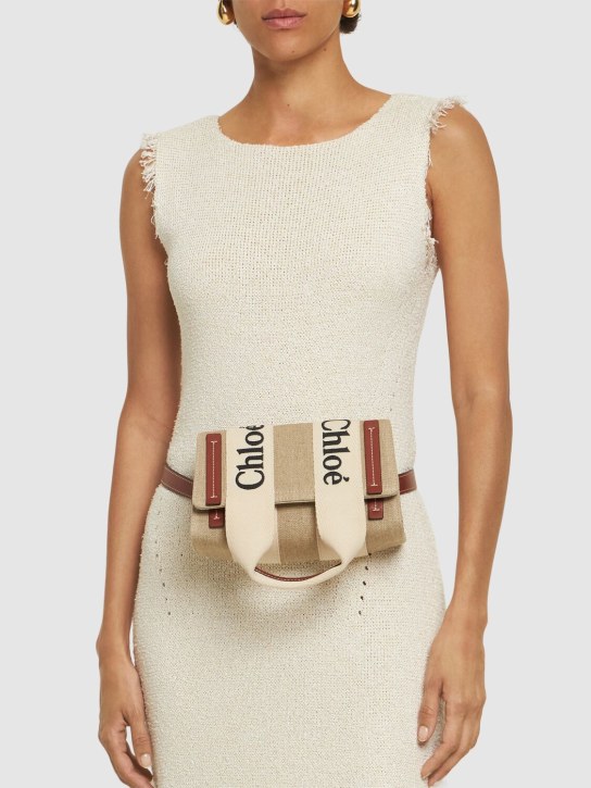 Chloé: Woody linen & leather belt bag - White - Brown 1 - women_1 | Luisa Via Roma