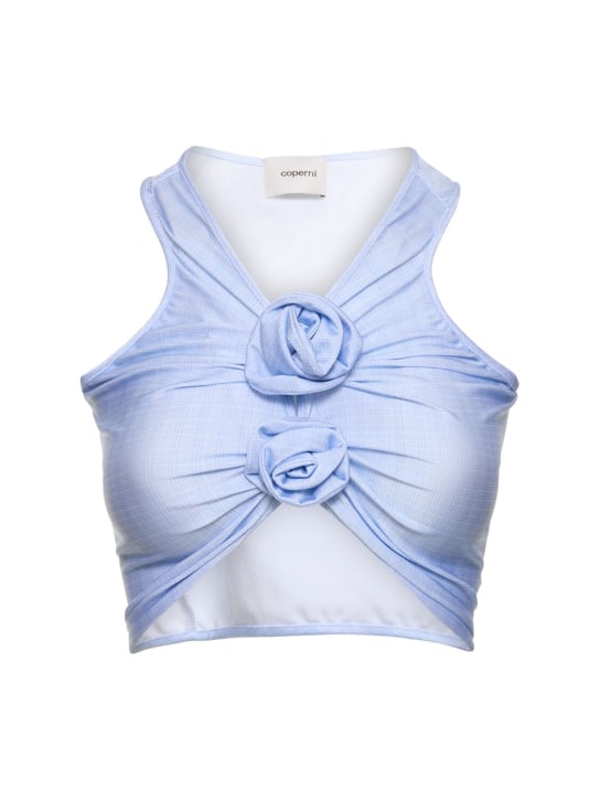Coperni: Flower stretch jersey crop top - Light Blue - women_0 | Luisa Via Roma