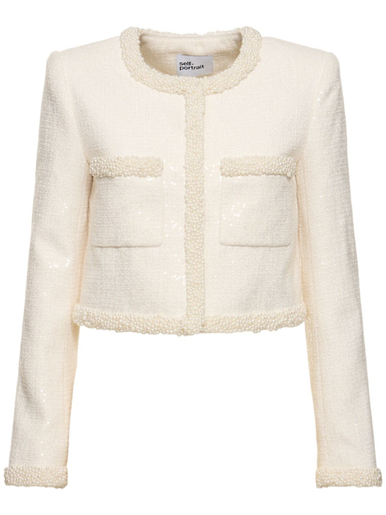 Self-portrait: Bouclé pearl trim jacket - White - women_0 | Luisa Via Roma