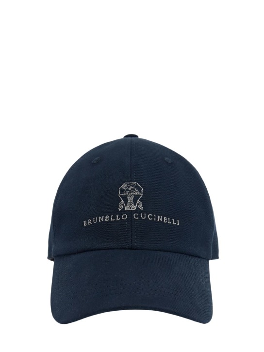 Brunello Cucinelli: Cappello baseball in gabardina di cotone con logo - Navy - men_0 | Luisa Via Roma