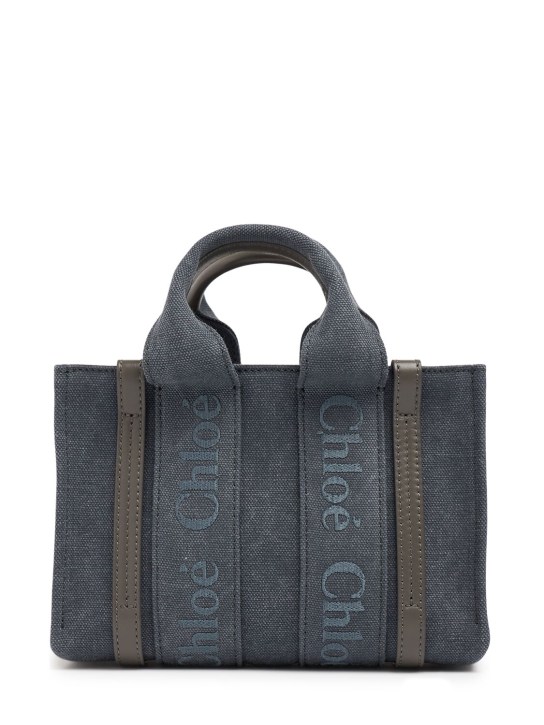 Chloé: Small Woody linen canvas bag - Dusky Blue - women_0 | Luisa Via Roma