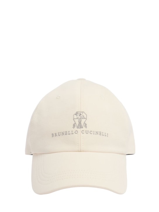 Brunello Cucinelli: Cappello baseball in gabardina di cotone con logo - Off White - men_0 | Luisa Via Roma