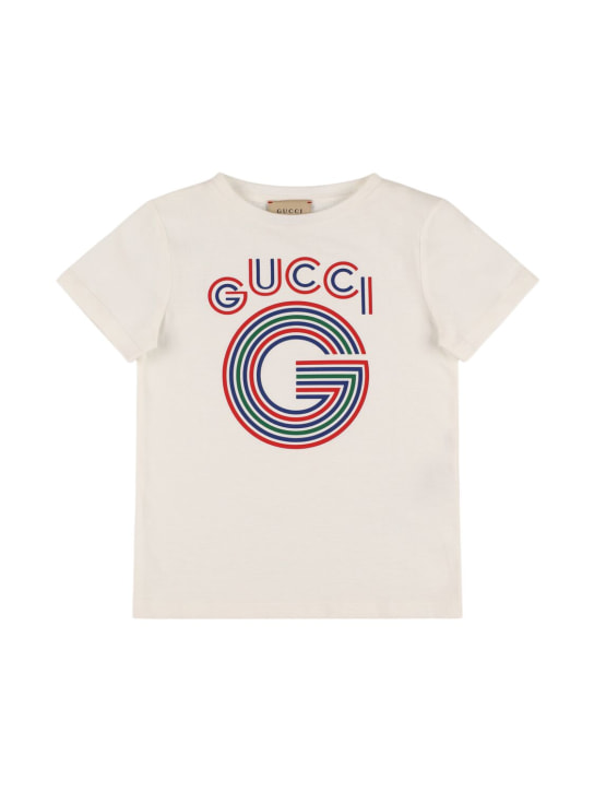 Gucci: Gucci 로고 코튼 저지 티셔츠 - 화이트/멀티 - kids-boys_0 | Luisa Via Roma