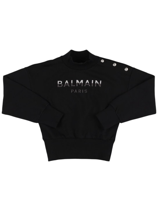 Balmain: Glitter logo printed cotton sweatshirt - Black - kids-girls_0 | Luisa Via Roma