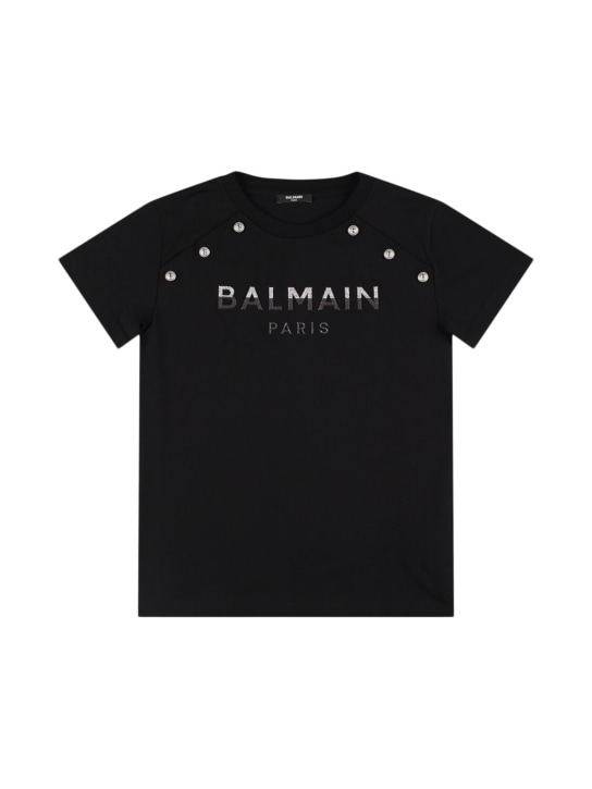 Balmain: T-Shirt aus Baumwolljersey mit Glitzer-Logo - Schwarz - kids-girls_0 | Luisa Via Roma