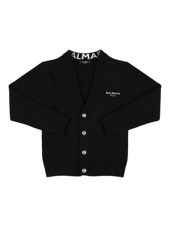 Balmain: Cardigan in maglia di misto lana - Nero/Bianco - kids-boys_0 | Luisa Via Roma