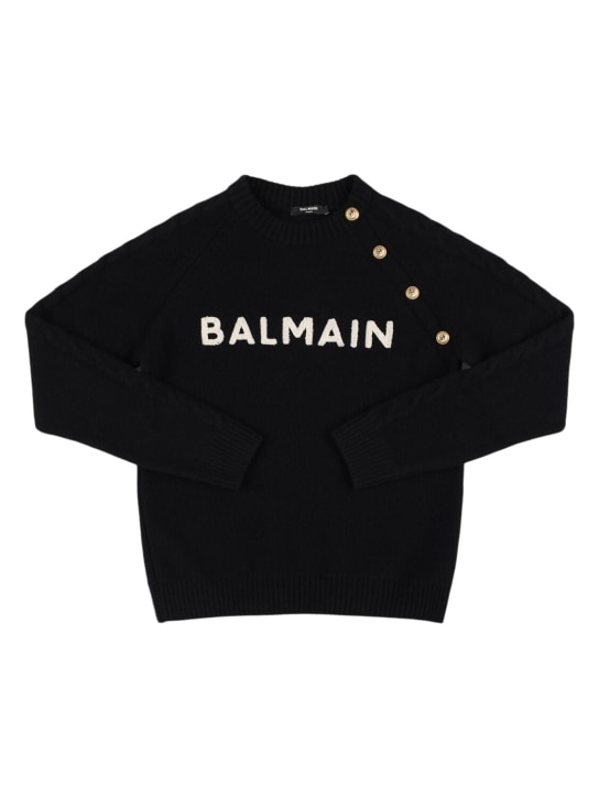 Balmain: Suéter de punto de lana con botones - Negro/Blanco - kids-boys_0 | Luisa Via Roma