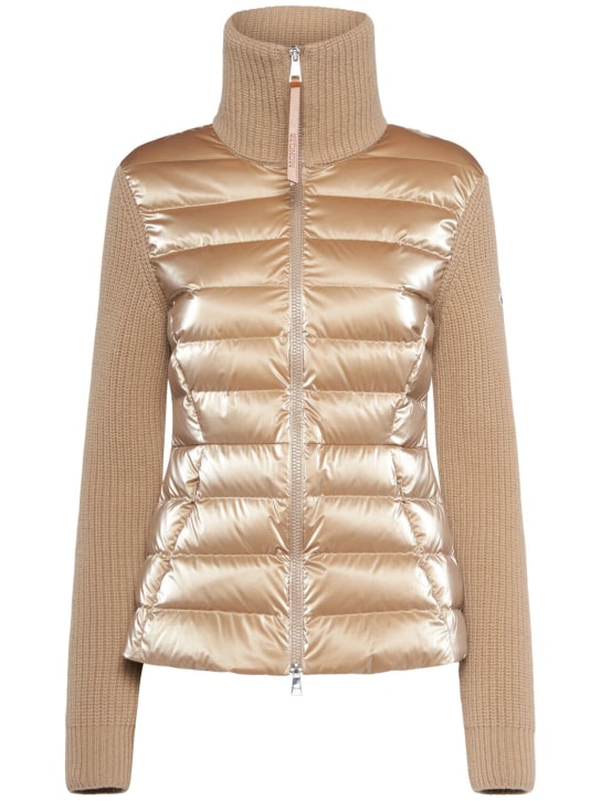 Moncler: Cardigan imbottito in misto lana con zip - Beige - women_0 | Luisa Via Roma