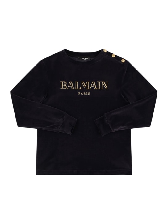 Balmain: Cotton blend velvet crewneck sweatshirt - Blue/Gold - kids-boys_0 | Luisa Via Roma